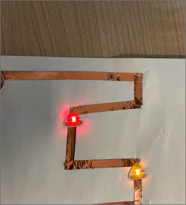 A close-up of a dual-colored LED circuit.