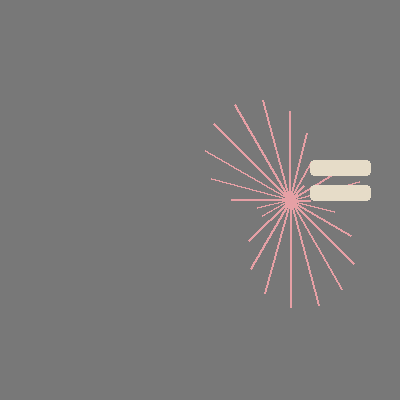 The image displays twenty-four pink lines radiating outward from the mouse position against a grey background with a motion trail, replacing the ellipse() shapes with a for-loop of line() calls and applying the low-opacity background() technique from Tutorial 2 sketch6.js to create a residual blur effect.