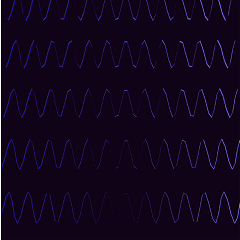 T1 sketch.js – oscillator type changed from sine to sawtooth; multiple rows of blue sine-wave lines scroll across a dark purple canvas.
