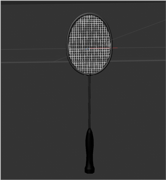 Final screenshot of the badminton racket model, front view.