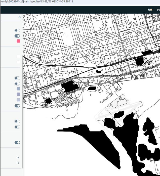 The image shows a black-and-white geographic area map in Mapbox, presenting terrain structure.