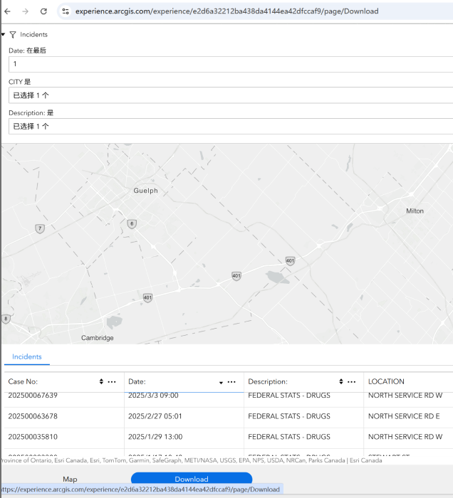 The image displays the list interface of data on the crimemap website, used to collect drug overdose data in Ontario.
