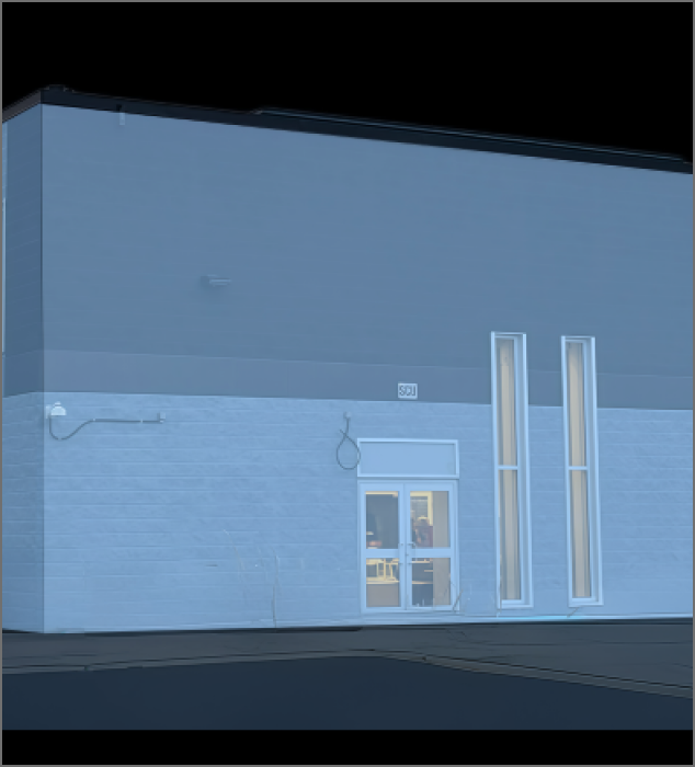 The image displays an SSU building model in AE software, using edges to define the projection area for the blue sections.