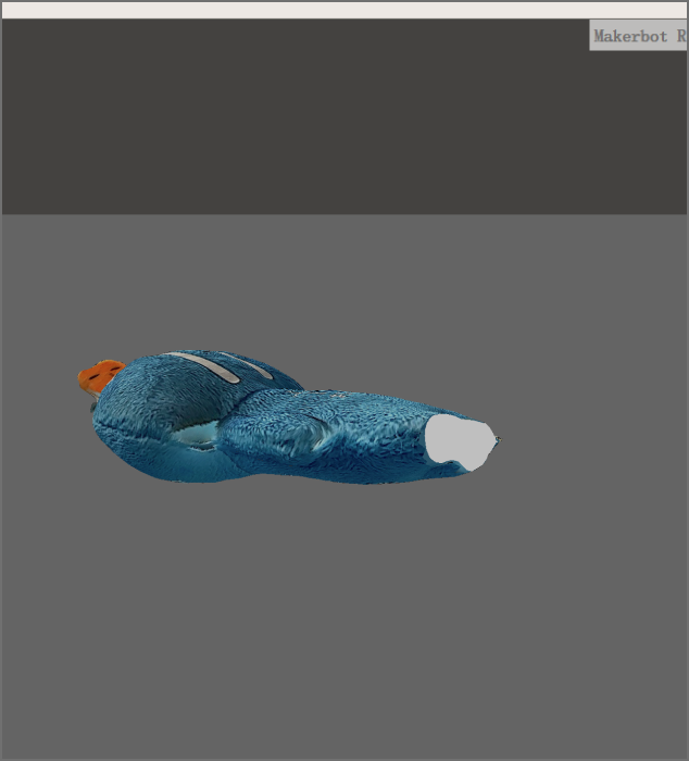 The image shows a rendered view of the target plush toy model lying on its side against a gray background after scanning with Scaniverse.