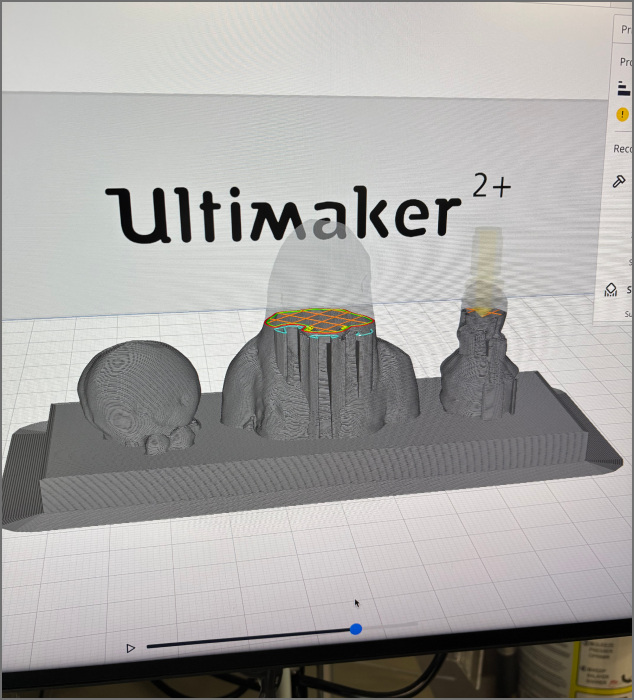 The image shows the print support and path preview for three models in Ultimaker 2+ printing software.
