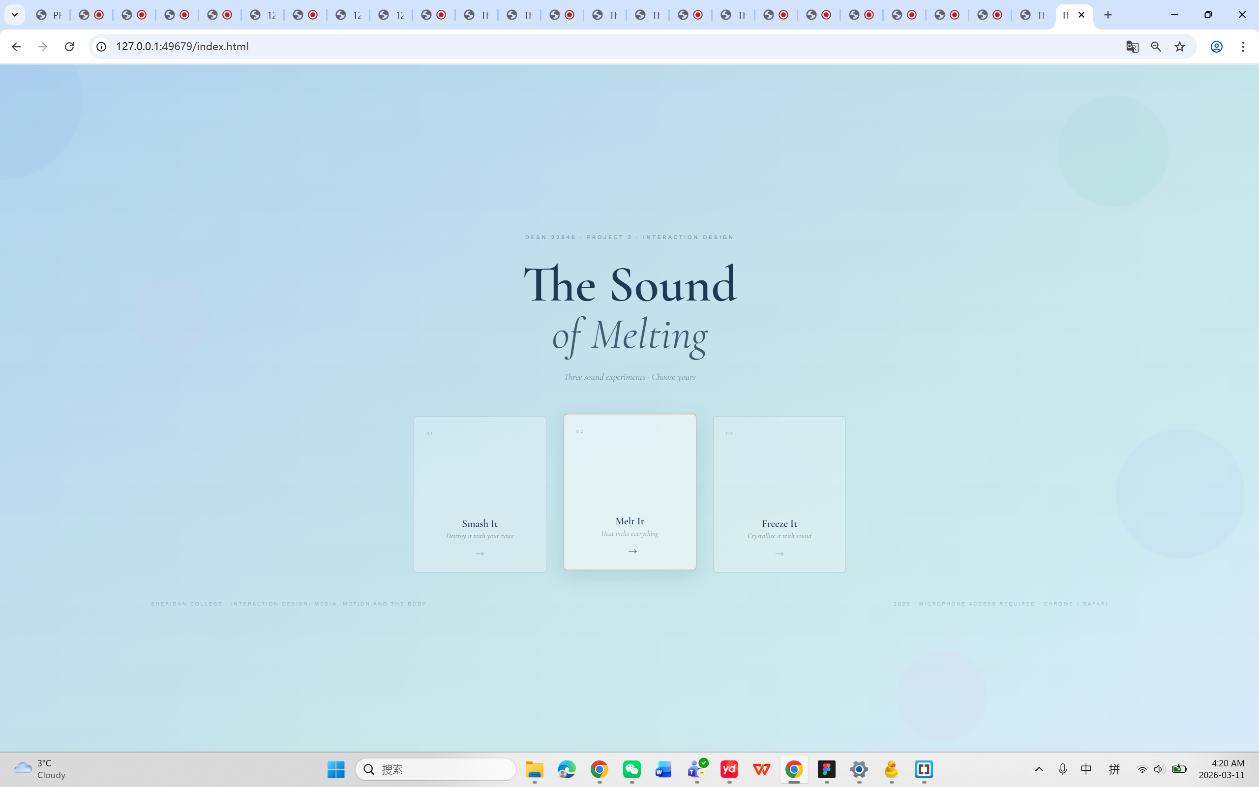 Landing page — three mode cards (Smash / Melt / Freeze) with glassmorphism styling on the soft gradient background.