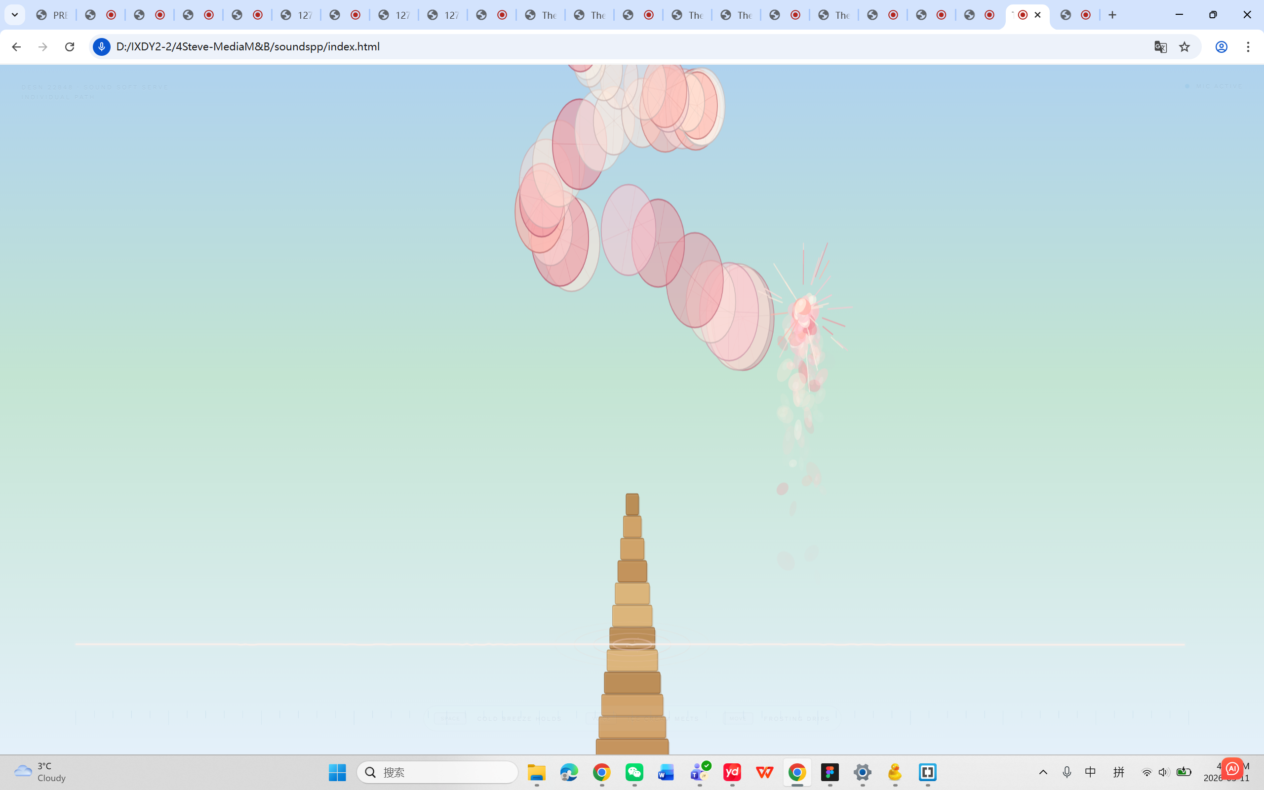 Smash mode — maximum force: scoop circles fully separated from the cone, flying off-canvas with burst particle trails.