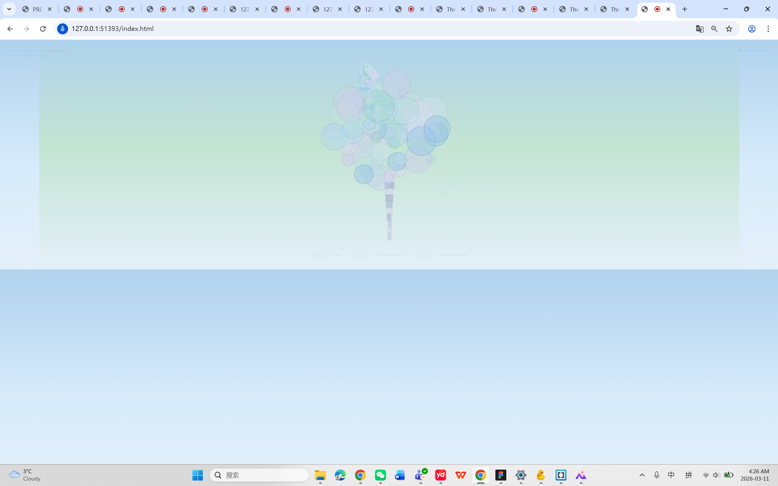 Early iteration — Week 5 template: green prototype with blue trunk, demonstrating the first getLevel() → circle radius mapping.