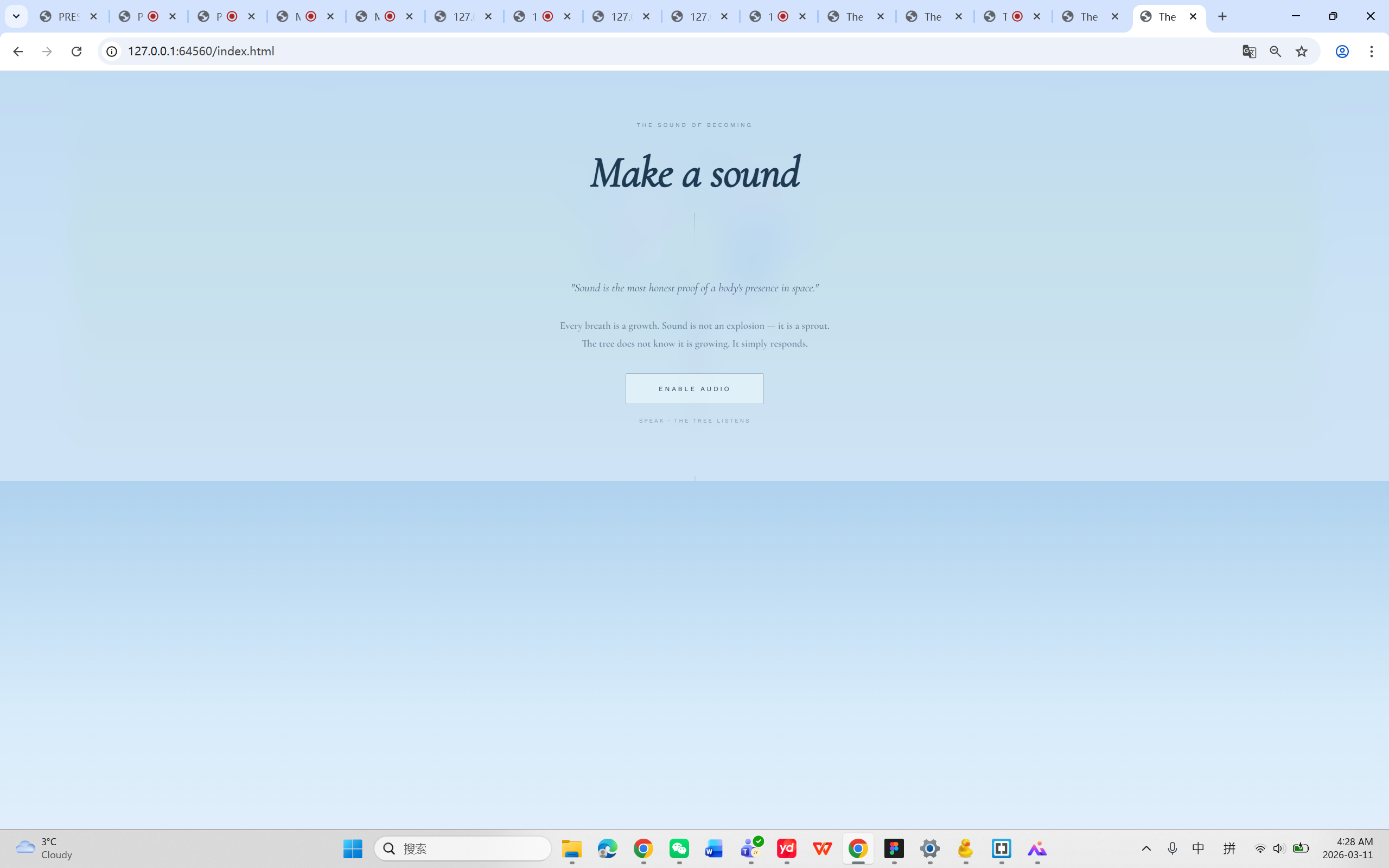 Earlier iteration — Make a Sound screen: minimal landing page with enable audio button and poetic tagline before the mode system was introduced.